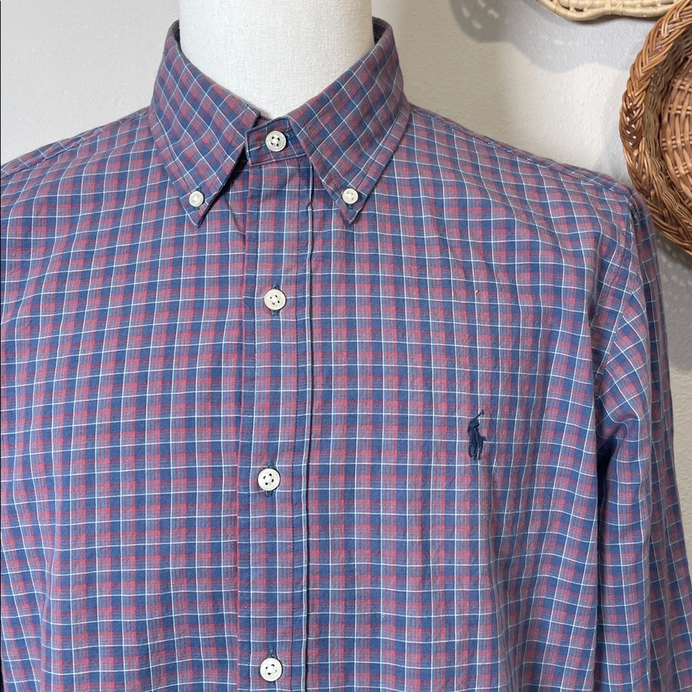 Mens Ralph Lauren Blue & Pink Plaid Classic Button Up Size Large